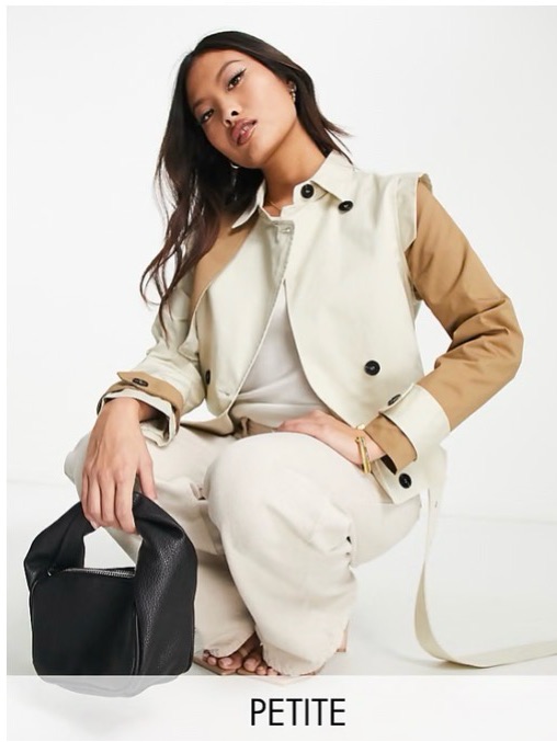 Beige And Tan Colorblock Trench Coat - Petite